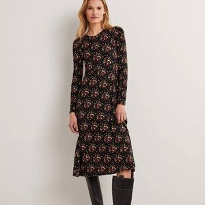 NWT! Boden Crew Neck Jersey Midi Dress. Color: Black, Dotty Sprig. Size US 12.